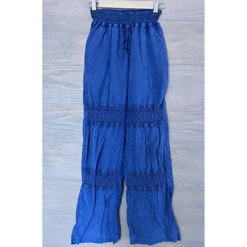 La Cotonnière pants smocked waist and lace‎ detailing Size 1 XS Blue Boho